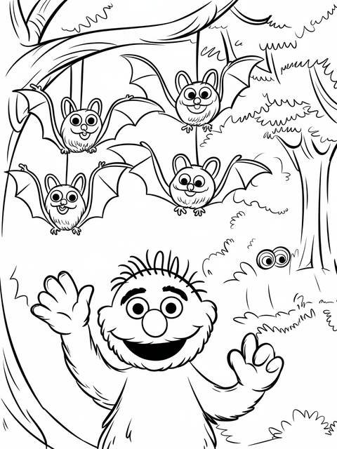 Sesame street's count von count with bats, a coloring page illustration