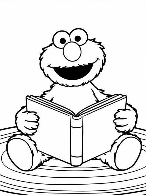 Elmo from sesame street reading a book, sitting on a rug