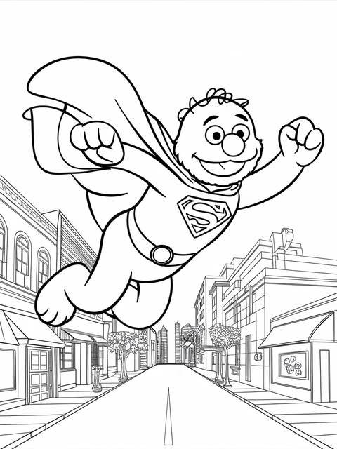 Sesame street's grover as super grover, flying over a city street, ready to save the day