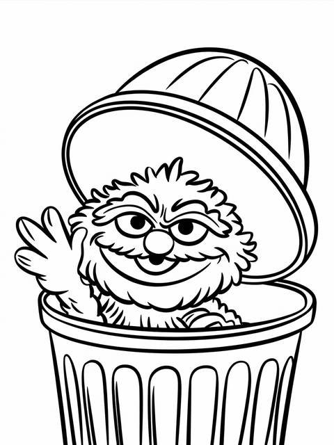 Oscar the grouch peeking out of a trash can, a sesame street character