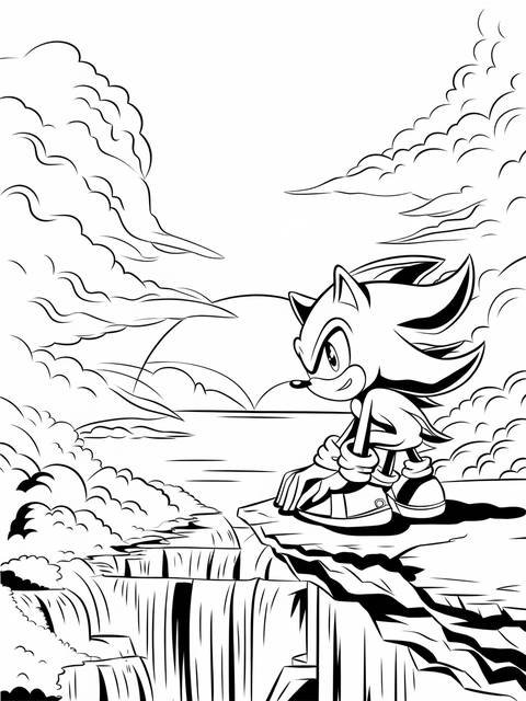 Shadow sonic perched on a cliff overlooking a waterfall, from a cover