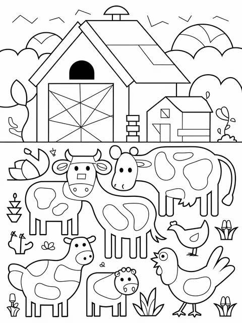 Black and white coloring page of a farm featuring cows, chickens, and a barn