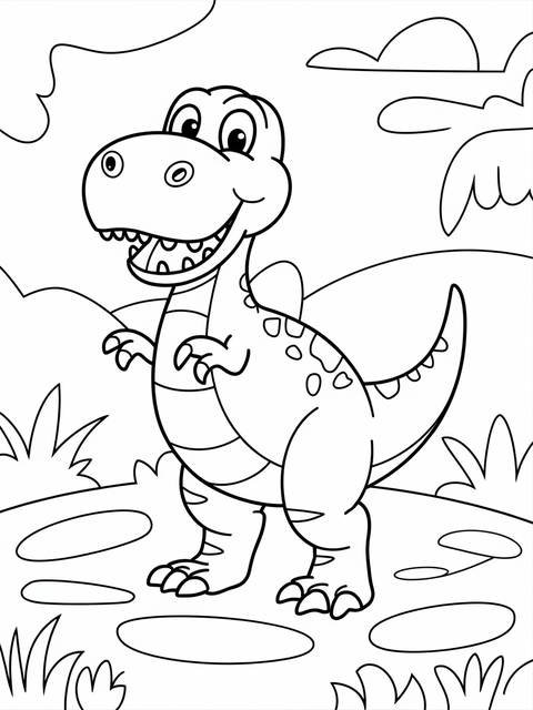 Cheerful dinosaur coloring page, standing on a grassy area, ready for coloring