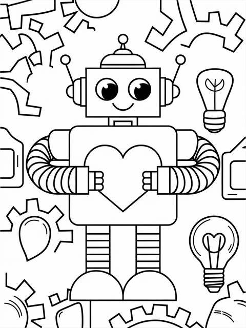 Friendly robot made of squares holding a heart, surrounded by gears and lightbulbs