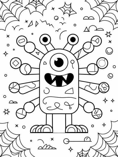 Line art of a monster with big eyes and multiple shapes, ready for coloring