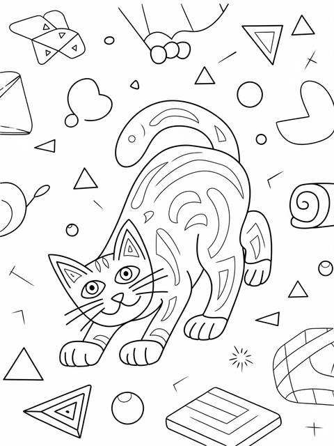 Playful cat surrounded by various shapes in a coloring page format