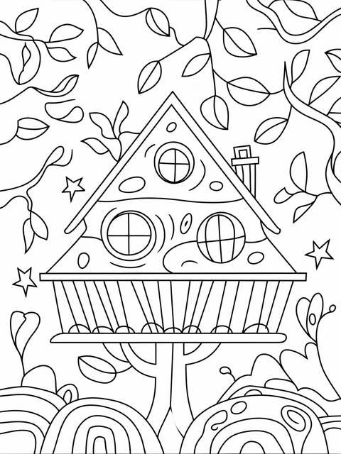 Line art of a whimsical treehouse with circular windows, surrounded by leaves and stars
