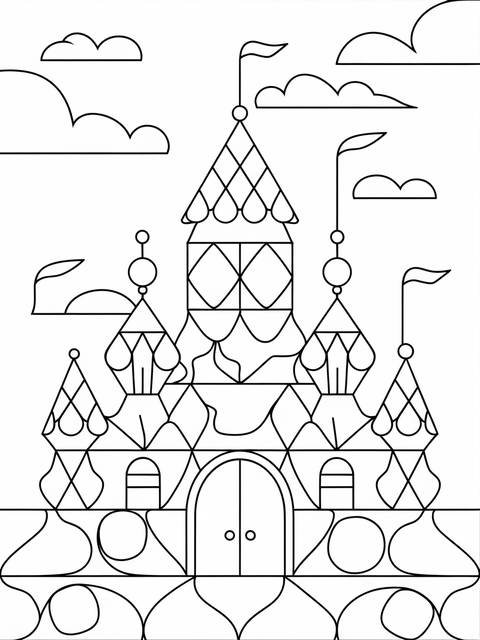 Black and white line art of an enchanted castle with flags and clouds