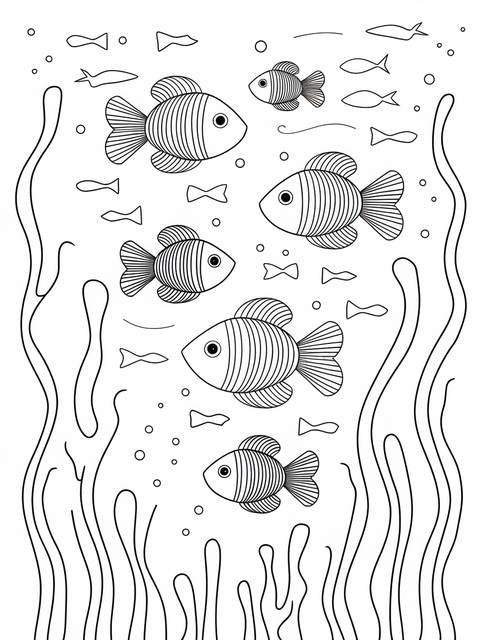 Black and white illustration of an underwater scene with fish and aquatic plants