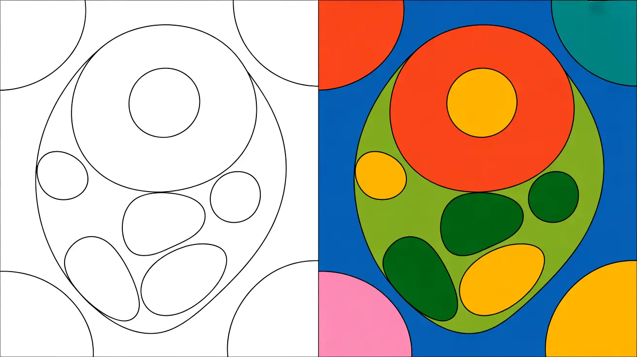 Shapes coloring page: a two-panel image with colored and outline shapes