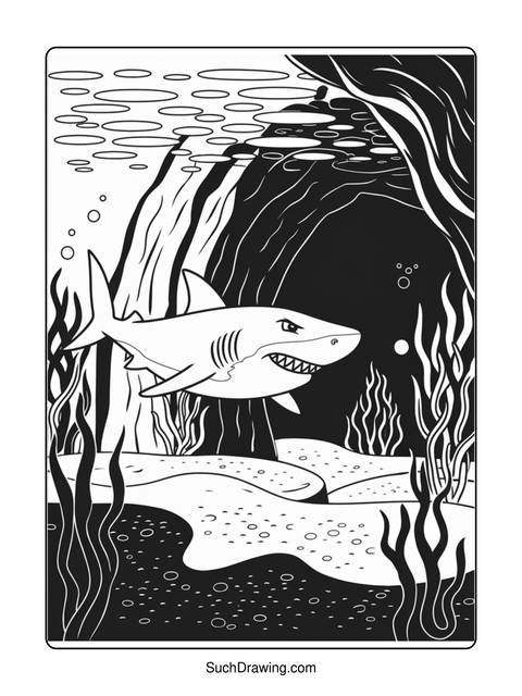 Black and white illustration of a shark swimming underwater with plants