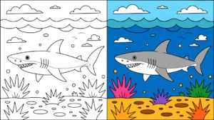Shark coloring page: a detailed image of a shark in an ocean scene