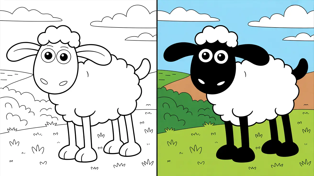 Shaun the sheep coloring page: a cartoon sheep in a field, ready to color