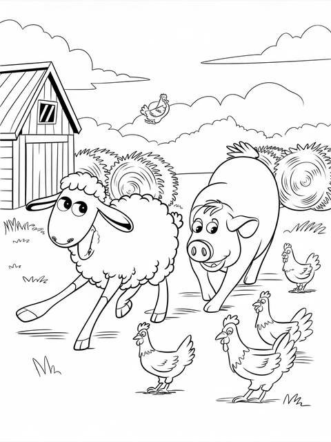 Shaun the sheep and friends: a coloring page of a farm scene