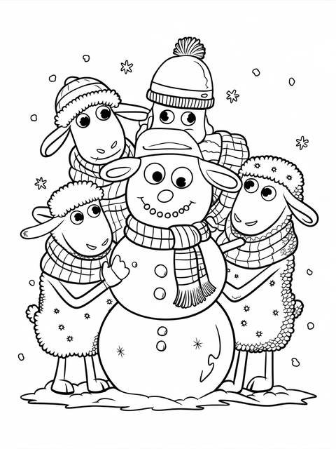 Shaun the sheep and friends build a snowman in a winter scene, ready to color