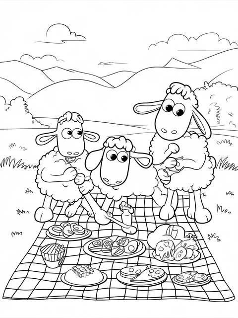 Shaun the sheep and friends enjoying a picnic, a coloring page scene