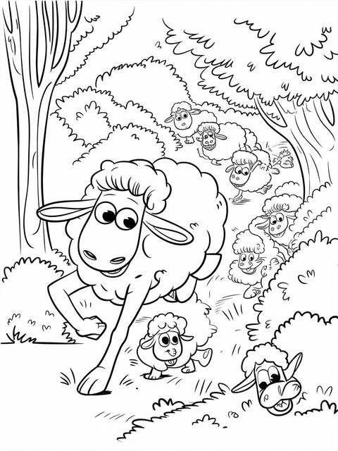 Shaun the sheep coloring page: shaun and other sheep in a forest scene
