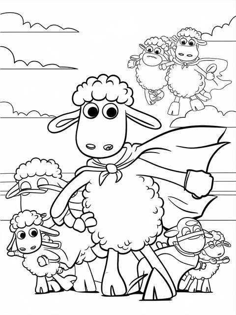 Shaun the sheep coloring page featuring shaun and other sheep characters, dressed up