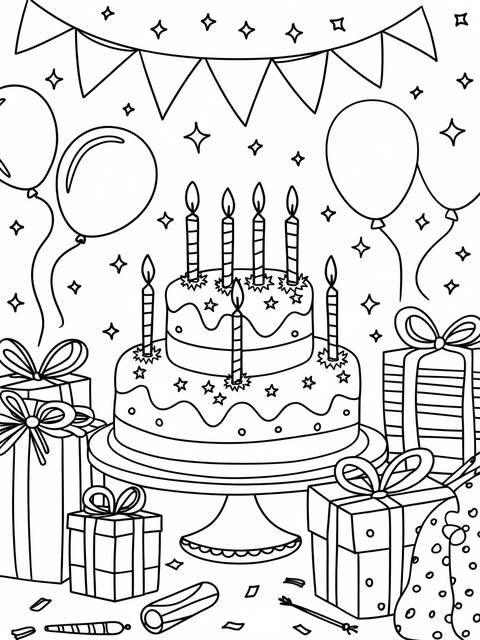 Black and white coloring page featuring a whimsical birthday cake with candles and gifts