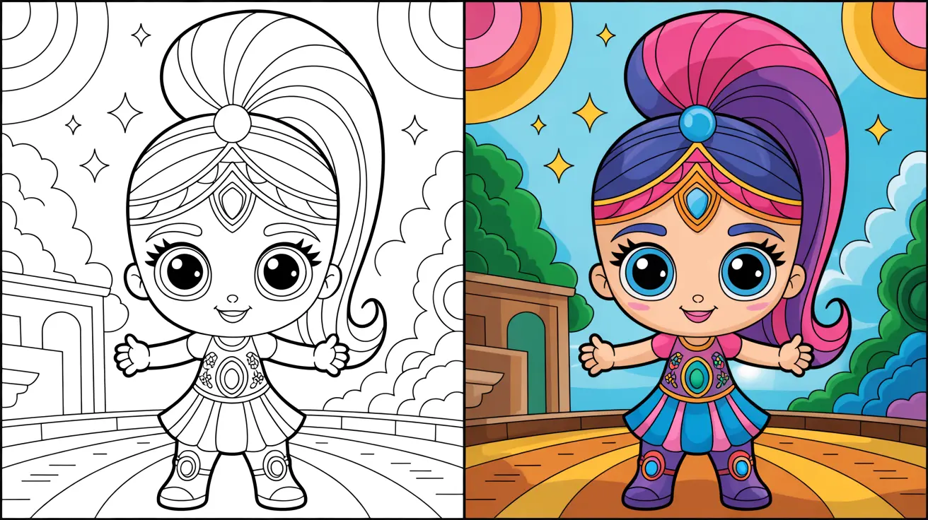Shimmer and shine coloring page featuring a cartoon character with a ponytail