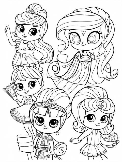 Black and white coloring page featuring multiple shimmer and shine characters in dresses