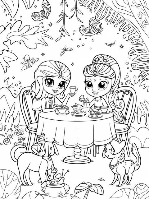 Shimmer and shine characters enjoying tea at a table with pets, ready to color