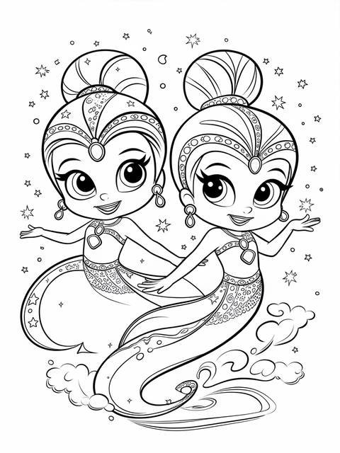 Black and white coloring page featuring shimmer and shine characters, ready for coloring