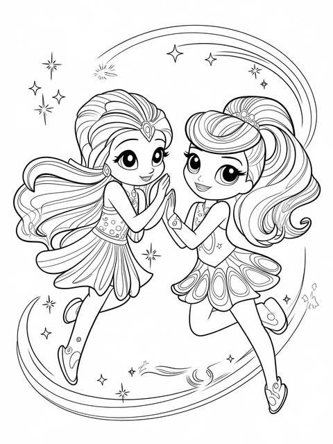 Line art of shimmer and shine characters, holding hands, with stars and arcs