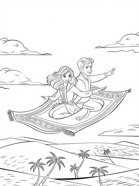 Shimmer and shine duo riding a magic carpet over a landscape of palm trees