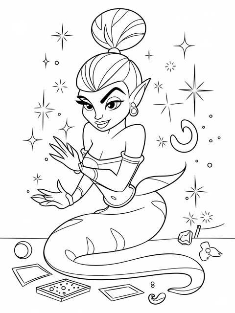 Line art coloring page of shimmer from shimmer and shine, a mischievous genie