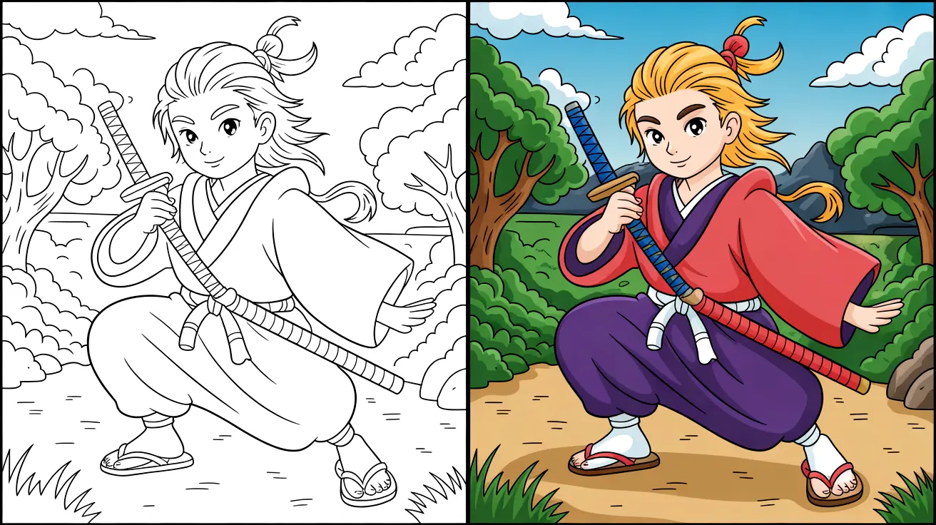 Shinobu coloring pages: a two-panel image of a samurai with a sword