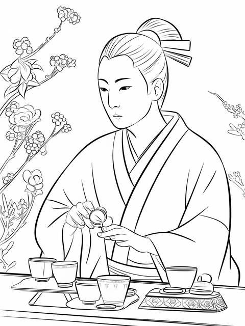 Shinobu in traditional japanese attire, pouring tea into cups, black and white illustration