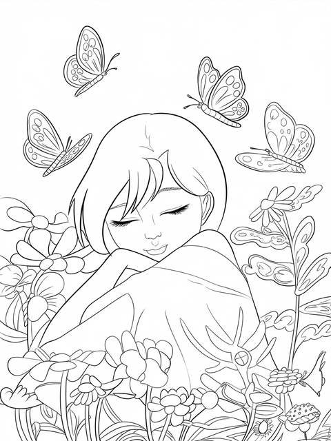 Shinobu, nestled among flowers, with butterflies, ready for coloring; cover art