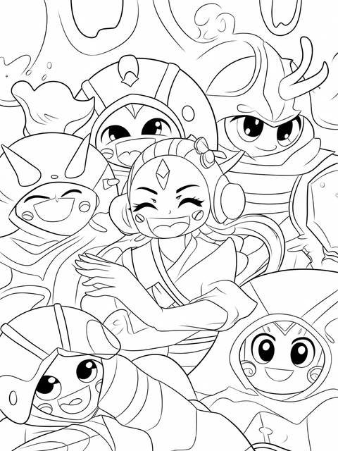 Shinobu playfully interacting with other characters in a black and white coloring page