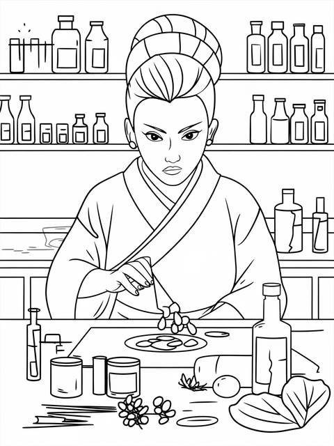 Shinobu preparing poisons, surrounded by bottles, ingredients, and tools on a table