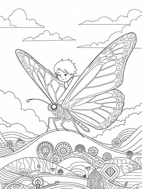 Shinobu riding a giant butterfly, a coloring page illustration with sky and landscape