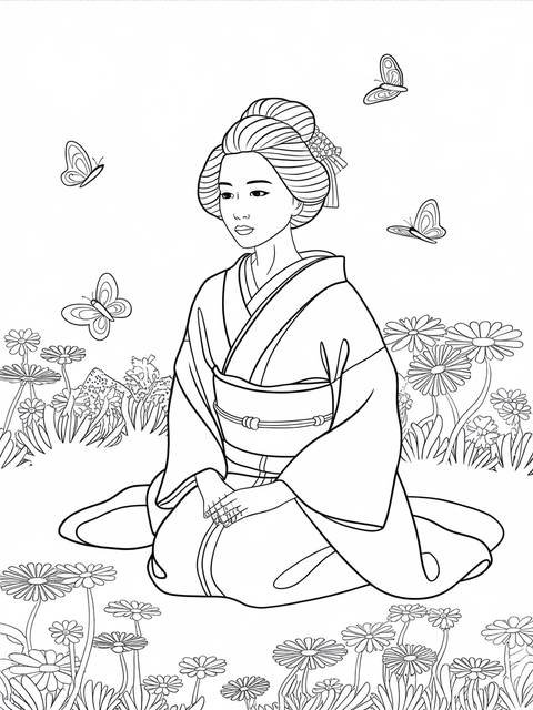 Line art of shinobu, sitting in a tranquil garden with butterflies and flowers
