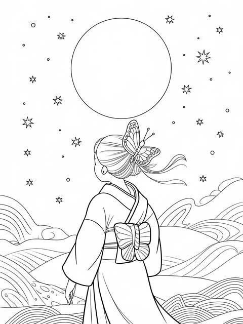 Shinobu, with butterfly, standing atop a hill, under the moon and stars