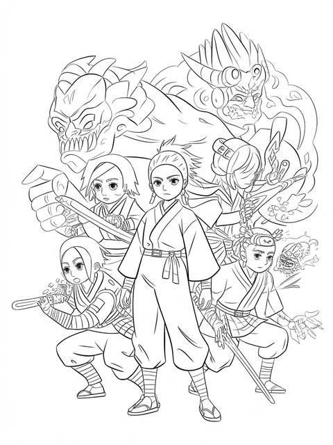 Shinobu, surrounded by her demons, a detailed black and white illustration