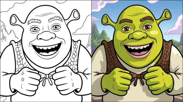 Shrek coloring page: a two-panel image of shrek, one colored, one a line drawing