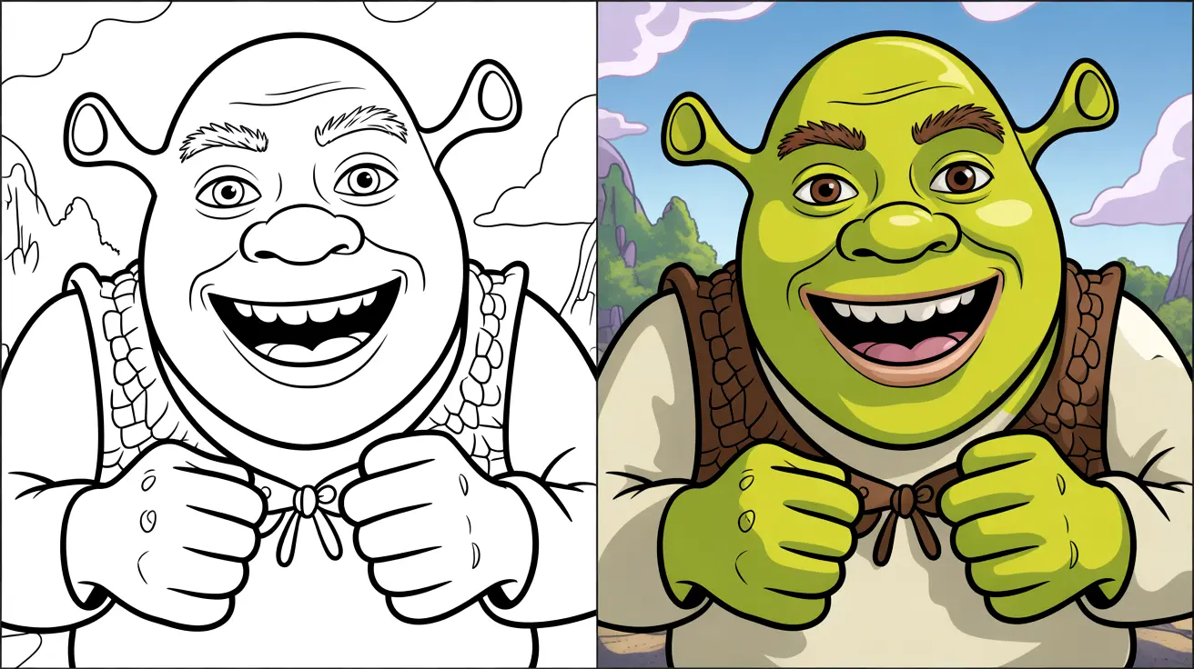 Shrek coloring page: a two-panel image of shrek, one colored, one a line drawing