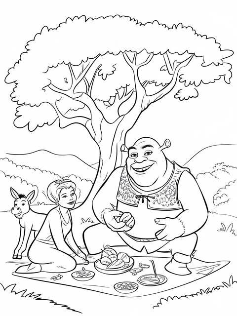 Coloring page of shrek, fiona, and donkey having a picnic under a tree