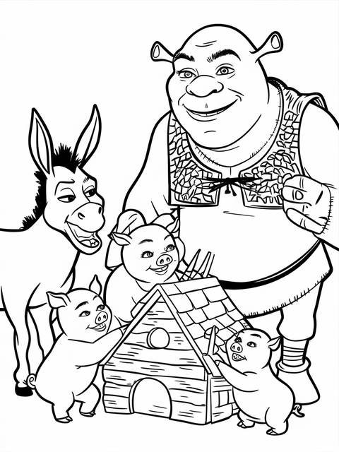 Shrek and the three little pigs building a house; donkey watches on