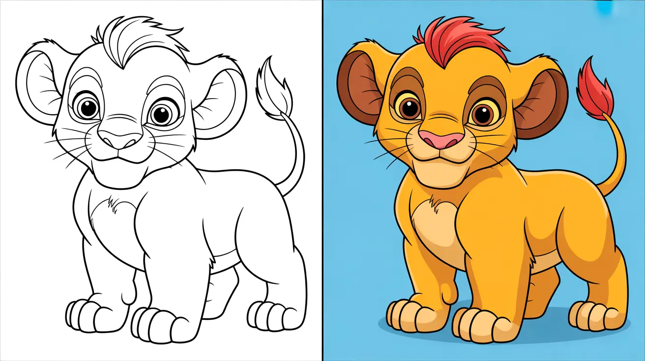 Simba coloring page: a two-panel image showing the cub colored and uncolored