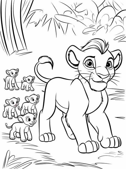 Line art of simba, the main character from disney's lion king, with cubs