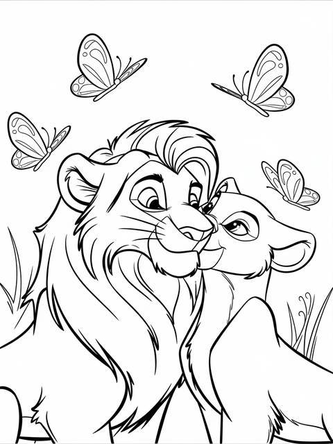 Simba, the main character from disney's the lion king, with another lion, and butterflies