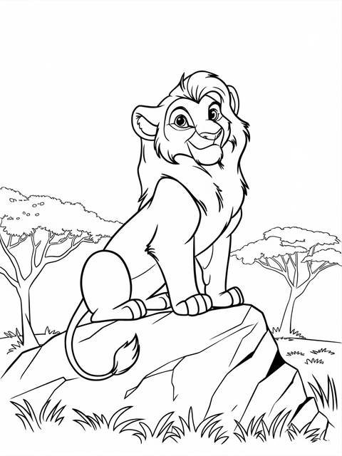 Simba, the main character from disney's the lion king, sits on a rock