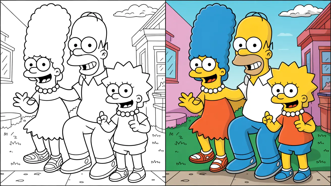 Simpsons family coloring page: marge, homer, and lisa, with a color comparison
