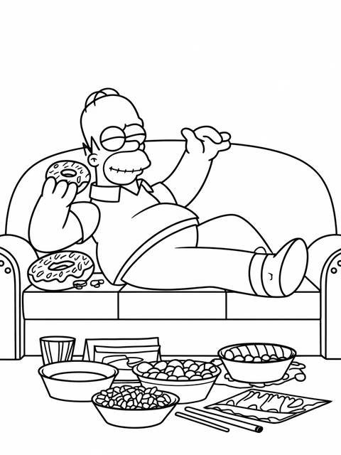 Homer simpson lounging on a couch, holding a donut; a coloring page