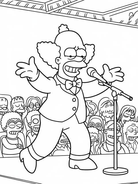 Krusty the clown from the simpsons performing on stage with a microphone